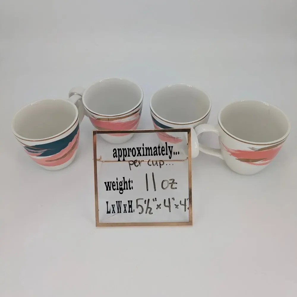 West Elm Ceramic Mug Set Abstract Brushstroke Teal Pink Gold Coffee Tea Cup